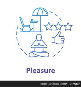 Pleasure concept icon. Stress relief. Enjoy life. Rest and relaxation. Wellness, wellbeing. Meditation on resort. Leisure idea thin line illustration. Vector isolated outline RGB color drawing