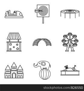 Pleasure park icons set. Outline set of 9 pleasure park vector icons for web isolated on white background. Pleasure park icons set, outline style
