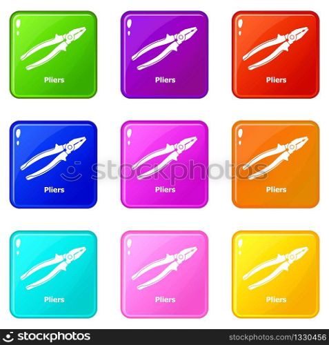 Pliers icons set 9 color collection isolated on white for any design. Pliers icons set 9 color collection