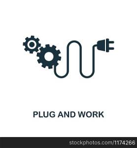 Plug And Work icon. Simple style design from industry 4.0 collection. UX and UI. Pixel perfect premium plug and work icon. For web design, apps and printing usage.. Plug And Work icon. Monochrome style design from industry 4.0 icon collection. UI and UX. Pixel perfect plug and work icon. For web design, apps, software, print usage.