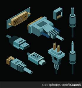 Plug connectors. Vga hand drawnmi video cable electricity power usb port socket adapters vector isometric. Illustration of usb plug with cable connect. Plug connectors. Vga hand drawnmi video cable electricity power usb port socket adapters vector isometric