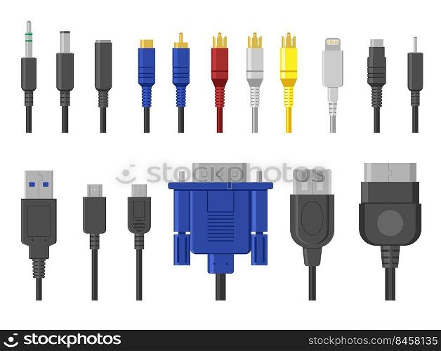 Plug contacts set. Cables, wire connectors, connection for ethernet, hdmi, vga, usb, video, audio ports. Vector illustration for computing, cord communication, hardware, electricity concept