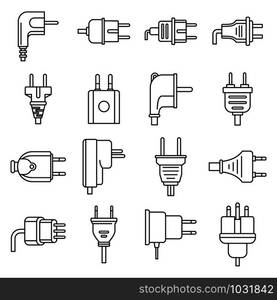 Plug cord icons set. Outline set of plug cord vector icons for web design isolated on white background. Plug cord icons set, outline style