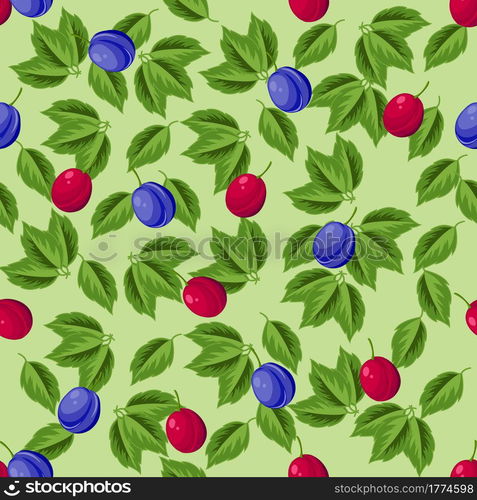 Plum branch with leaves and ripe bright purple and blue fruits, seamless summer pattern, vector illustration