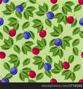 Plum branch with leaves and ripe bright purple and blue fruits, seamless summer pattern, vector illustration