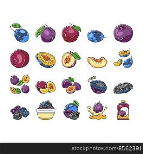 plum fruit green red prune icons set vector. orchard, blur food slice, tree top art, round purple dessert plum fruit green red prune color line illustrations. plum fruit green red prune icons set vector