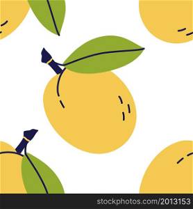 Plum fruit with leaf. Apricot seamless pattern. Hand drawn vector illustration. Sweet natural food.