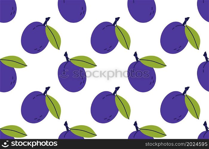 Plum fruit with leaf. Seamless pattern. Hand drawn vector illustration. Sweet natural food.