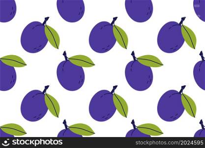 Plum fruit with leaf. Seamless pattern. Hand drawn vector illustration. Sweet natural food.