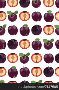 Plum fruits and slice seamless pattern align on white background, Fruit vector illustration background.