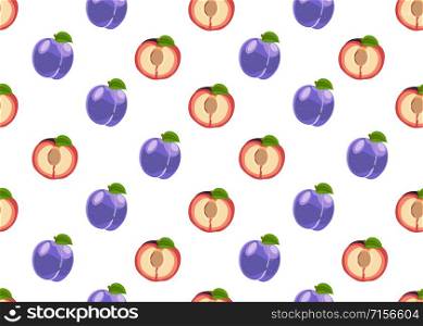 Plum fruits and slice seamless pattern on white background, Fruit vector illustration background.