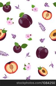 Plum fruits and slice seamless pattern with cute leaves on white background, Fruit vector illustration background.