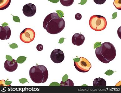 Plum fruits and slice seamless pattern with on white background, Fruit vector illustration background.