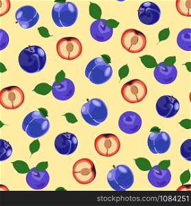 Plum fruits and slice seamless pattern with on yellow background, Fruit vector illustration background.