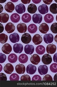 Plum fruits seamless pattern on purple background, Fruit vector illustration background.