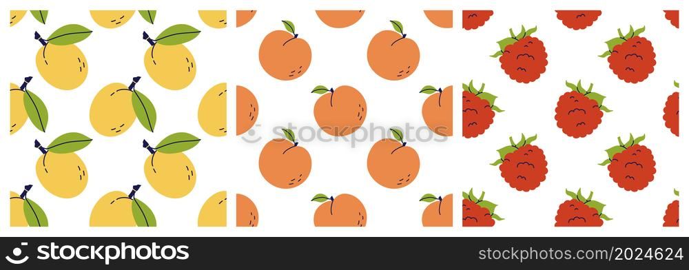Plum, peach and raspberry. Fruit seamless pattern bundle. Color illustration collection in hand-drawn style. Vector repeat background set