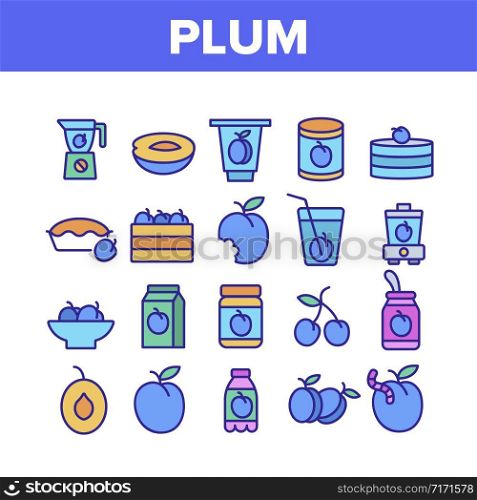 Plum Vitamin Fruit Collection Icons Set Vector. Plum Sliced Piece And Healthy Drink Juice, Fresh And Pickles, Blender And Harvest Concept Linear Pictograms. Color Contour Illustrations. Plum Vitamin Fruit Collection Icons Set Vector