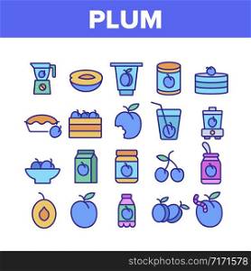 Plum Vitamin Fruit Collection Icons Set Vector. Plum Sliced Piece And Healthy Drink Juice, Fresh And Pickles, Blender And Harvest Concept Linear Pictograms. Color Contour Illustrations. Plum Vitamin Fruit Collection Icons Set Vector