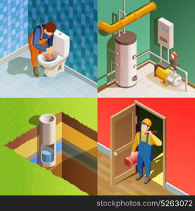 Plumber 4 Colorful Isometric icons Square . Plumber fixing problem concept 4 colorful isometric icons square with unclogging toilet with plunger isolated vector illustration