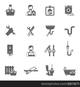 Plumber and pipeline supply handyman icons black set isolated vector illustration. Plumber Icons Black
