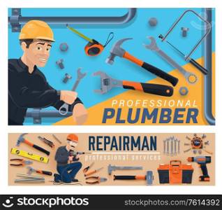 Plumber and repairman, vector workers of construction and building industry. Handymen with work tools and toolbox, pipes, spanner, wrench and hammer, helmet, drill, screwdriver and pliers. Plumber, repairman, construction industry workers