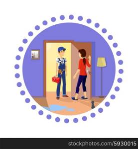 Plumber at work. Housewife meets master repairman. Service uniform, occupation professional, repair mechanic work, technician fixing, tool and workman, toolbox and handyman, plumber or serviceman