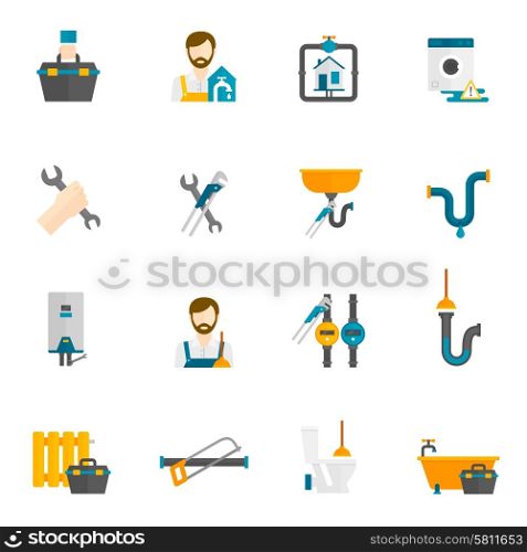 Plumber bathroom and toilet repair and maintenance flat icons set isolated vector illustration. Plumber Flat Icons Set