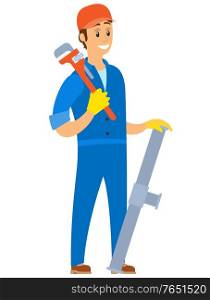 Plumber character standing with wrench and tube, portrait view of smiling worker man wearing working clothes and gloves holding spanner and trumpet vector. Men Holding Tube and Wrench, Plumber Worker Vector