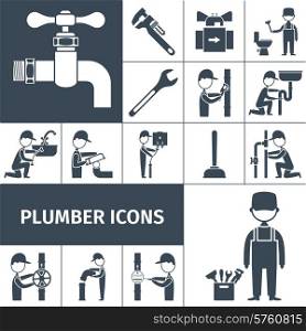 Plumber decorative icons black set with bath shower and water pipeline equipment isolated vector illustration