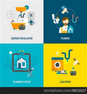 Plumber design concept set with sanitary installation leak repair flat icons isolated vector illustration. Plumber Flat Set
