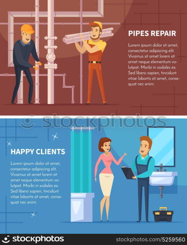 Plumber Flat Horizontal Banners. Plumber two horizontal banners with pipes repair and happy client flat compositions cartoon vector illustration