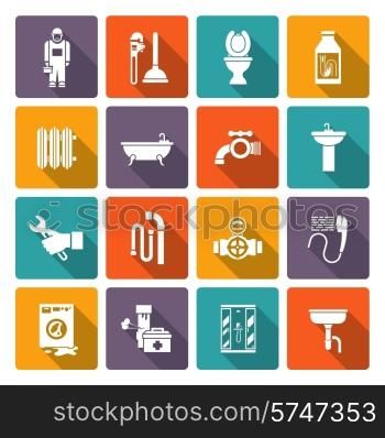 Plumber flat icons collection of bath shower cabin heater system leakage solid color abstract isolated vector illustration
