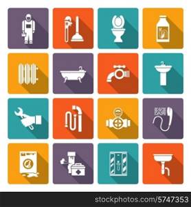 Plumber flat icons collection of bath shower cabin heater system leakage solid color abstract isolated vector illustration