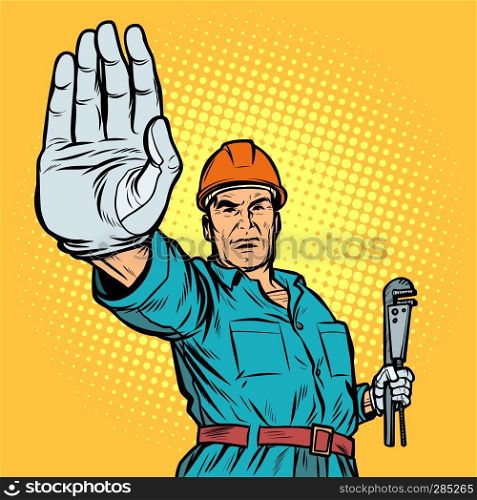 plumber gesture stop. Pop art retro vector illustration kitsch vintage. plumber gesture stop