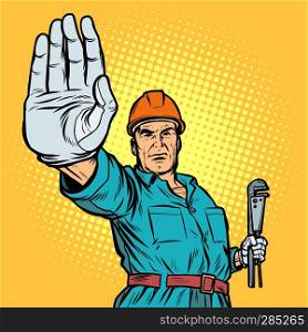 plumber gesture stop. Pop art retro vector illustration kitsch vintage. plumber gesture stop