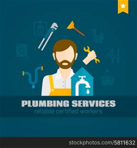 Plumber handyman with pipe repair tools flat icon vector illustration. Plumber Flat Icon
