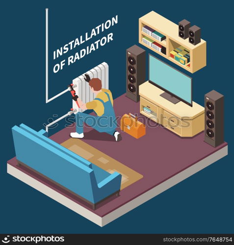 Plumber isometric and colored composition with installation of radiator in the room vector illustration