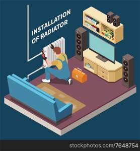 Plumber isometric and colored composition with installation of radiator in the room vector illustration