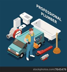 Plumber isometric colored concept plumber dressed in work clothes with work tools and equipment vector illustration