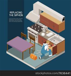 Plumber isometric composition with replacing the siphon headline and handyman fix broken siphon vector illustration