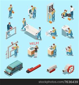 Plumber isometric icon set with isolated figures and elements equipment tools car and workers vector illustration