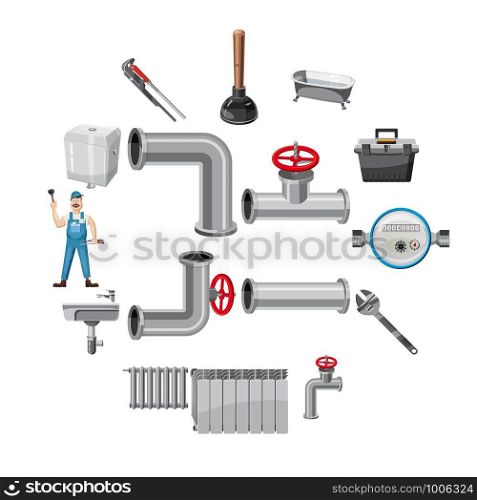 Plumber items icons set. Cartoon illustration of 16 plumber items vector icons for web. Plumber items icons set, cartoon style