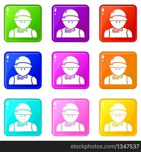 Plumber man icons set 9 color collection isolated on white for any design. Plumber man icons set 9 color collection