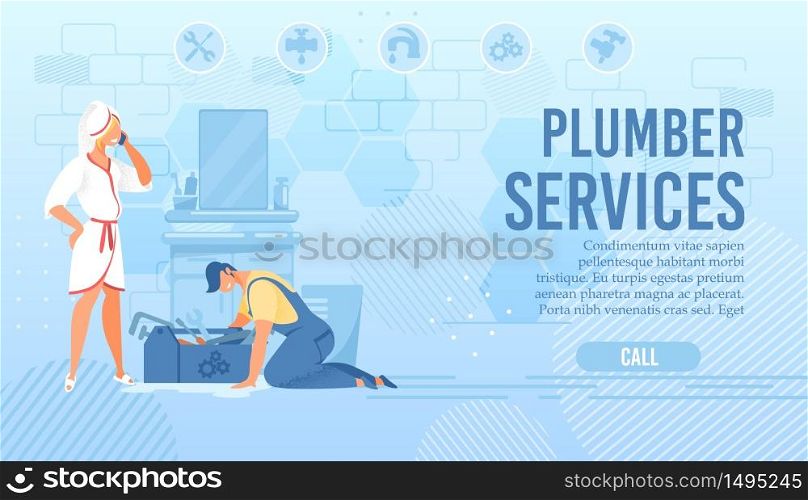 Plumber Online Service Flat Landing Page. Mistress Wearing Bathrobe and Towel on Head Calling Master by Phone. Cartoon Repairman Character Eliminating Pipe Blockage and Leaks. Vector Illustration. Plumber Online Service Flat Landing Page for Call