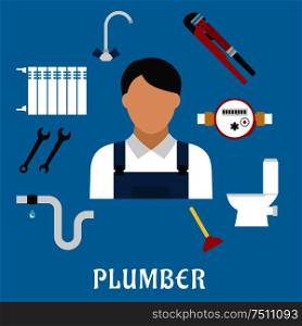 Plumber profession or service flat icons with radiator of heating system, water faucet and water meter, toilet, adjustable wrench, pipes system with leak, spanners, plunger and plumber man. Plumber with tools and equipment, flat icons