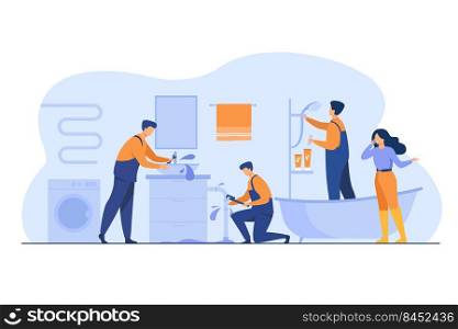 Plumber repairing pipe burst. Woman phoning for service to stop house flooding. Vector illustration for plumbing, domestic problem, help, accident concept