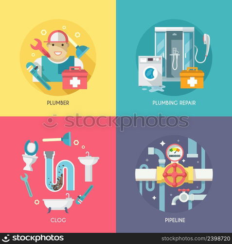 Plumber repairing pipeline and cleaning clogged sink with plunger four flat icons composition abstract isolated vector illustration