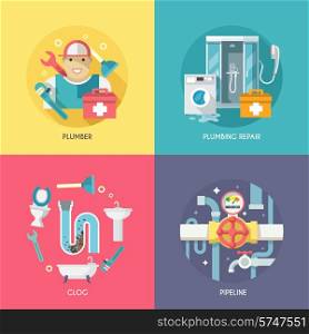 Plumber repairing pipeline and cleaning clogged sink with plunger four flat icons composition abstract isolated vector illustration