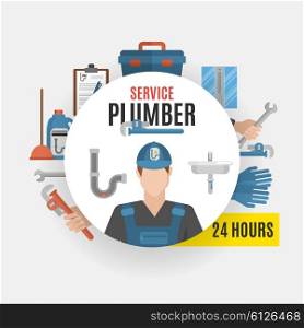 Plumber Service Design Concept. Plumber service design concept set of tools for repairing pipeline and cleaning clogged sink flat vector illustration
