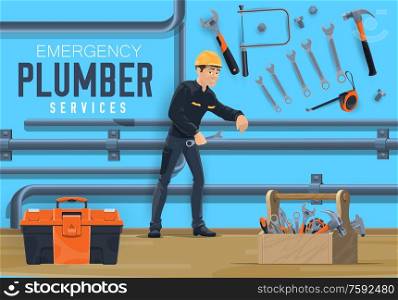 Plumber service, emergency water leakage and water pipeline plumbing. Vector worker man in uniform with spanner wrench tool, repair water sewage leakage, house gas or heating system pipes. Emergency plumbing service, pipeline plumber